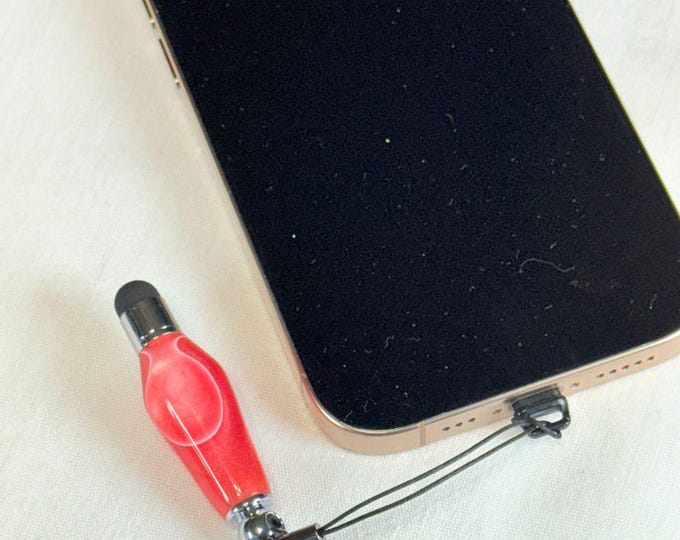 Handmade Micro Stylus Charm: Red White Acrylic Chrome Trim & Smartphone Dust Plug