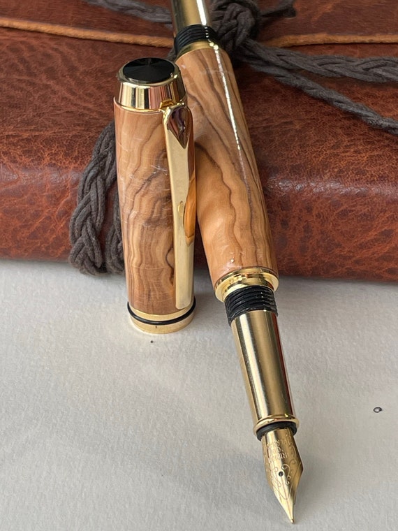 Unique Olive Wood Fountain Pen | Handcrafted Gift for Him or Her | Gold Titanium Trim