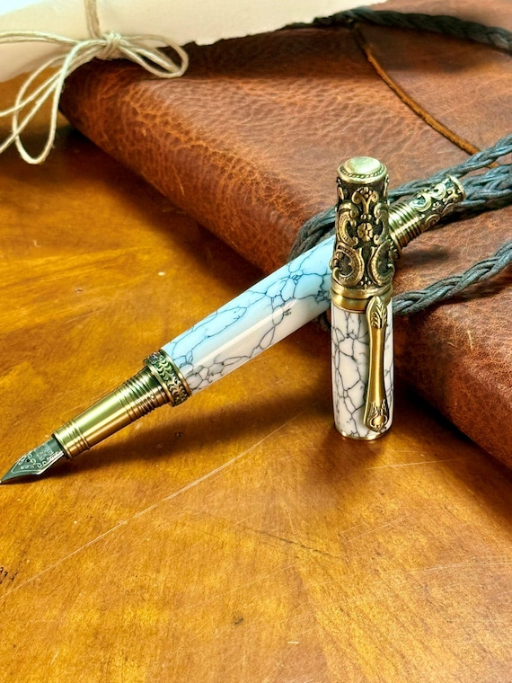 Victorian Style Fountain Pen Handcrafted SimStone White Marble Acrylic with Antique Brass Luxury Writing Gift for Him or Her Office Supply