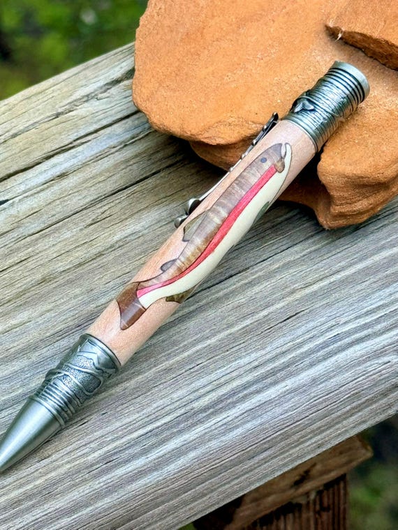 Fly Fishing Pen Gift Handmade Wooden Pen with Rainbow Trout Wood Inlay and antique pewter trim Outdoorsmen Sportsmen Fisherman Writers Gift