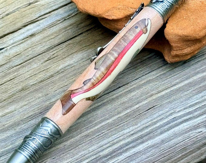 Handmade Fly Fishing Pen: Rainbow Trout Wood Inlay, Antique Pewter Trim