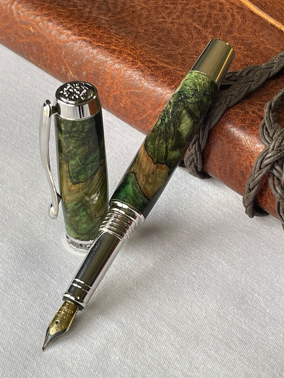 Handmade Maple Burl Fountain Pen: Black Titanium & Rhodium Accents