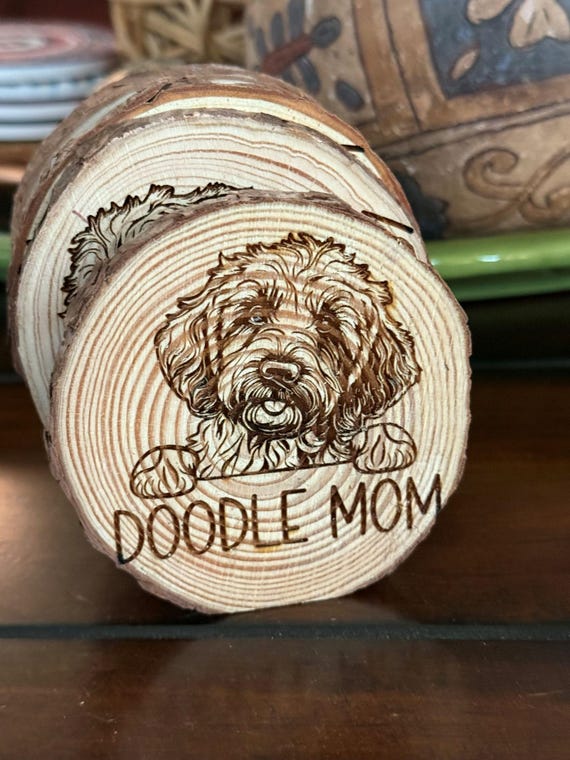 Rustic Wood Drink Coasters made from Natural Edge Pine for Dog Lover Mom, Laser Engraved, Handcrafted Rustic Stand