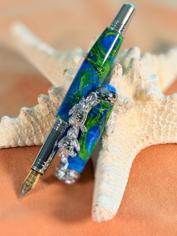 Handmade Sea Turtle Fountain Pen an Ocean Theme Gift Chrome Pen with Ocean Mist Acrylic is a Sea Turtle Lovers Gift