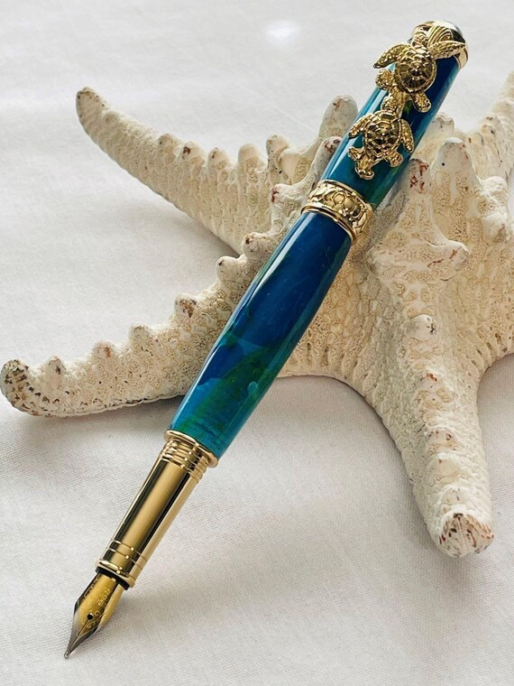 Handmade Sea Turtle Fountain Pen an Ocean Theme Gift with 24k Gold Pen, with Ocean Mist Acrylic is a Turtle Lover Gift