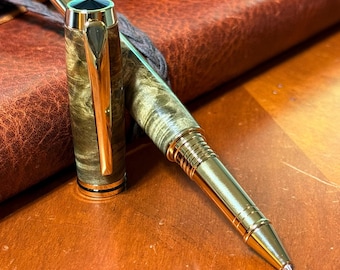 Handmade Wood Rollerball Pen with Gold Titanium Luxury Executive Gift for Men or Women Box Elder Burl Wood Body Writers Gift