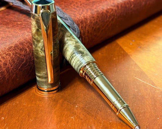 Handmade Burl Wood Rollerball Pen: Gold Titanium Executive Gift