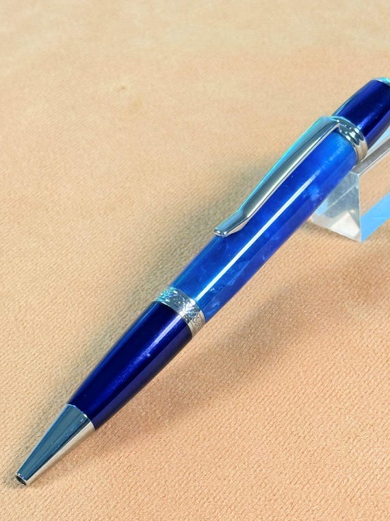 Blue Aqua Pearl Acrylic Ballpoint Pen Twist Blue Titanium and Chrome Ballpoint Handmade by ASHWoodshops writers gift