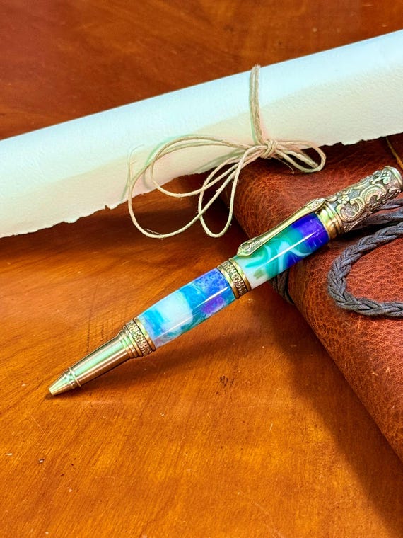 Victorian Inspired Handmade Ballpoint Pen Wildflower Acrylic Antique Brass Luxury Vintage Style Gift for Writers Collectors