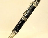 Steampunk Baroque Victoriana Handmade Custom Twist Ballpoint Pen, Grey Rhino Acrylic with Antique Pewter trim, ASH Woodshops