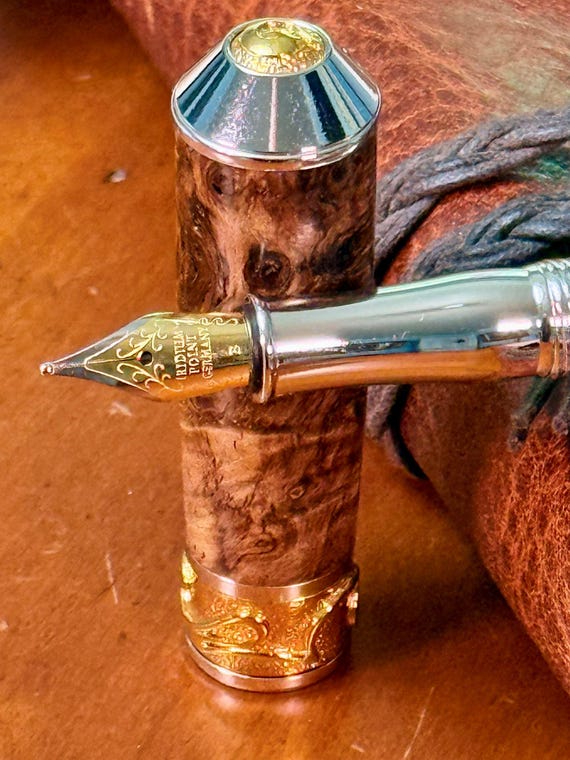 Handmade Collectible Fountain Pen – German made 22k Gold and Iridium Nib, Maple Burl Wood