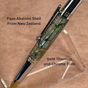 Handmade Abalone Ballpoint Pen: New Zealand Paua Shell, Gold Trim