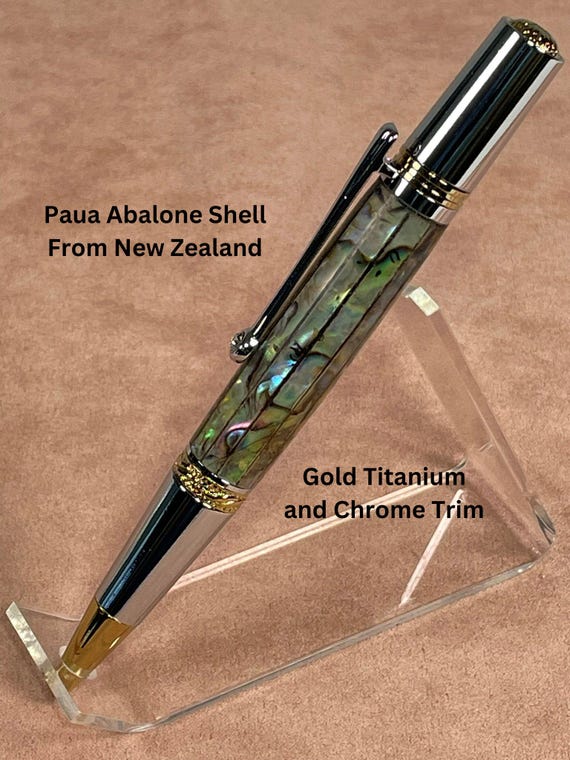 Abalone Shell Ballpoint Pen Natural New Zealand Paua Abalone Shell Gold Titanium & Chrome Trim - Mother of Pearl Quality By ASHWoodshops
