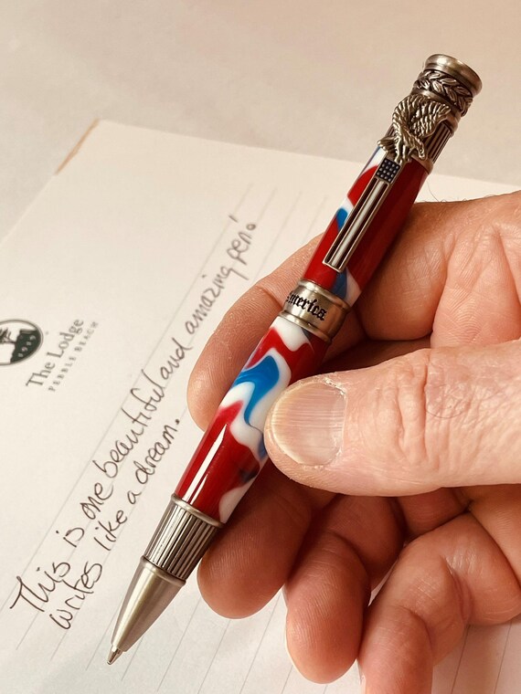 American Patriot Ballpoint Pen: Red White Blue Acrylic, Antique Pewter