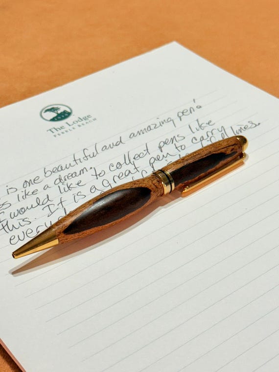 Handmade Dome Style Pen – Black & White Ebony Wood – Twist Ballpoint Pen – 24K Gold Trim – Cross Refill – Luxury Gift for Writers
