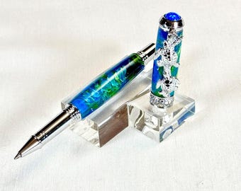 Handmade Sea Turtle Fountain or Rollerball Pen: Ocean Mist Acrylic, Chrome Accents