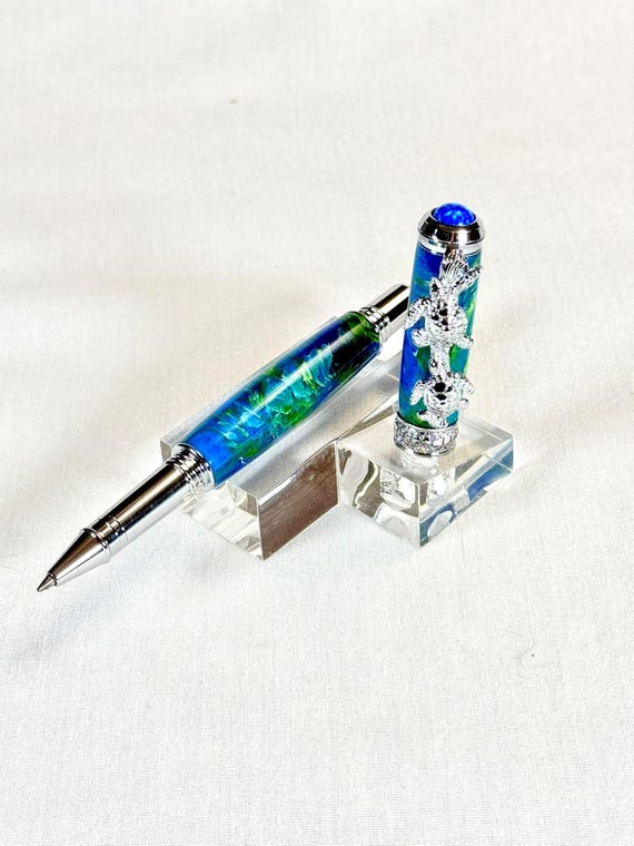 Handmade Sea Turtle Fountain or Rollerball Pen: Ocean Mist Acrylic, Chrome Accents