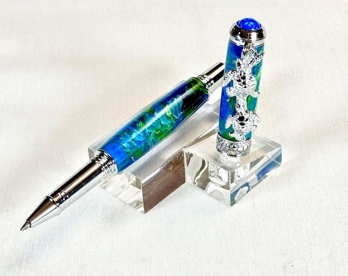 Handmade Sea Turtle Fountain or Rollerball Pen: Ocean Mist Acrylic, Chrome Accents