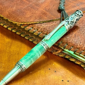 Artisan Victorian Pen Baroque Ballpoint Pen with Antique Pewter Trim Luxury Writing Gift for Men Women Green Curly Maple Wood Vintage Style