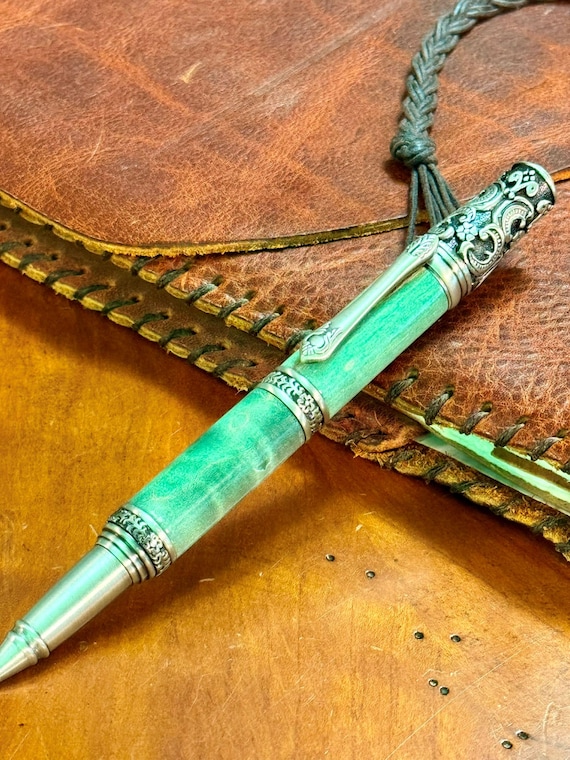 Handmade Green Curly Maple Ballpoint Pen: Antique Pewter Victorian Style