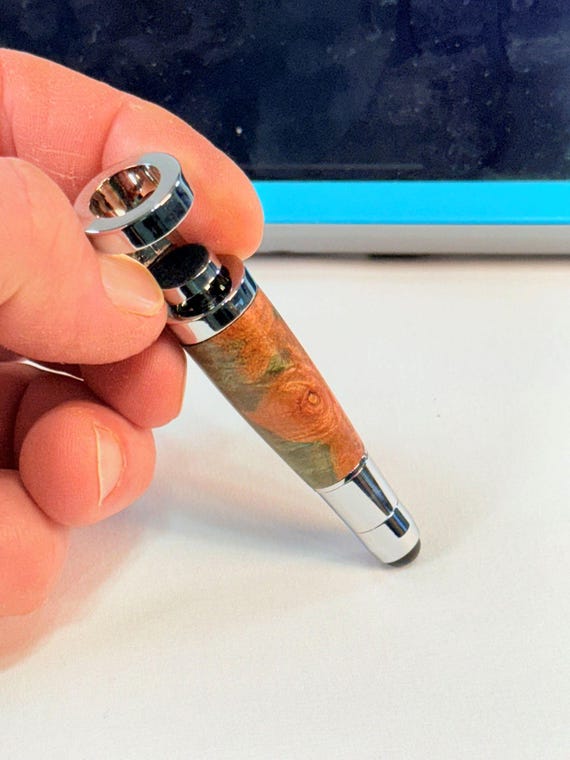 Smartphone Stand and Stylus, Handcrafted, Gunmetal with Green Maple Burl Wood, Handmade by ASH Woodshops