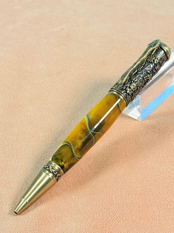 Gardener's Choice Pen - Antique Brass & Yellowjacket Acrylic - Heirloom Quality By ASHWoodshops Botanical Garden