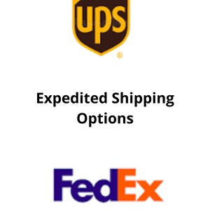 Puede incluir: La imagen muestra el logotipo de UPS, un escudo marrón y dorado, seguido del texto "Expedited Shipping Options". Debajo, se ve el logotipo de FedEx, con un diseño púrpura y naranja.