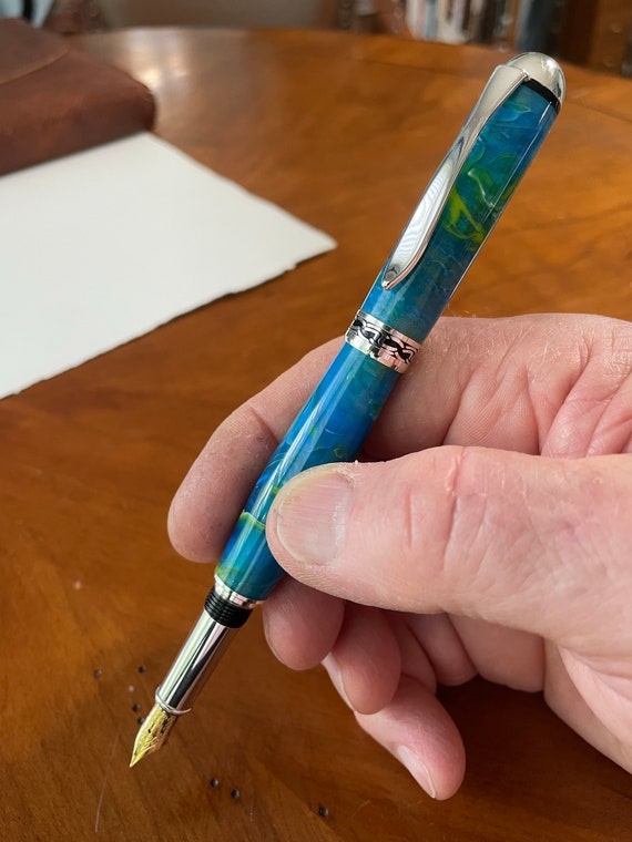 Handwriting Gift! Handmade Fountain Pen, Journaling Pen, Chrome Trim, Blue Green Ocean Inlace Acrylester Body, Handcrafted By ASH Woodshops