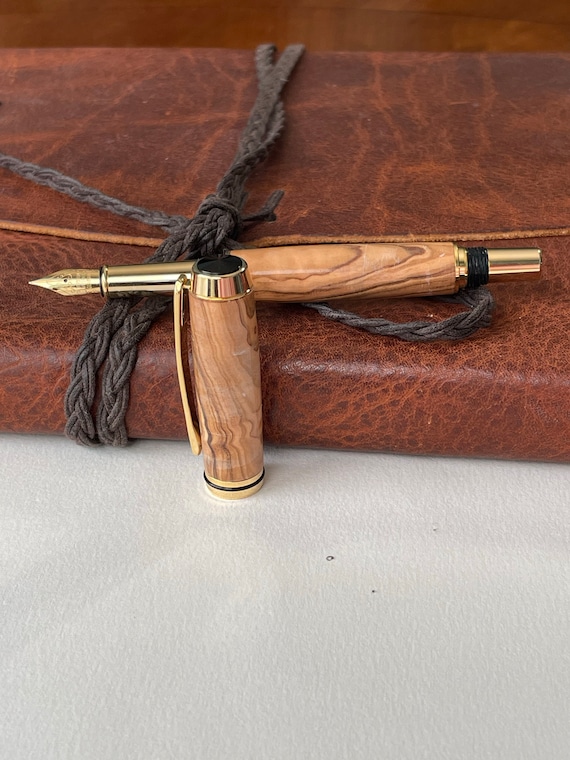 Handmade Olive Wood Fountain Pen: 24K Gold Nib, Luxury Writing Gift