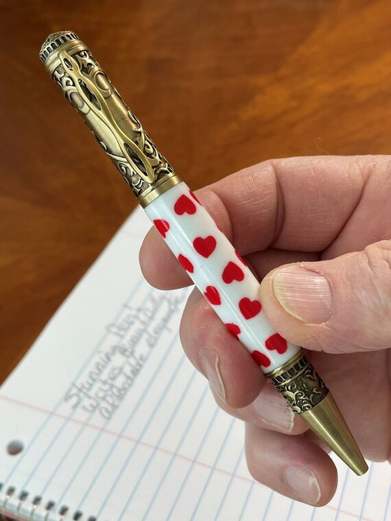 The Love Pen Handmade Twist Ballpoint Pen Antique Brass with Red Hearts Acrylic body ASH Woodshops Perfect Gift that says I Love You!