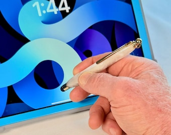 Penna stilo in acrilico bianco perla fatta a mano con oro 24K e cordino