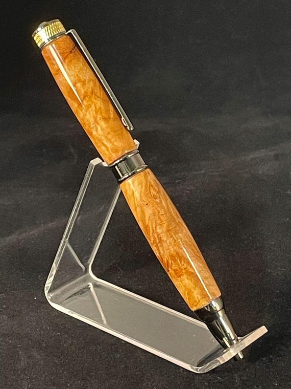 The Magnate Pen, Gunmetal and Gold with Maple Burl Wood Body, Handcrafted by ASH Woodshops