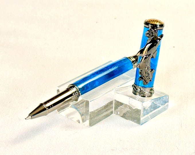 Handmade Dolphin Rollerball Pen: Ocean Mist Acrylic, Black Titanium, 24K Gold