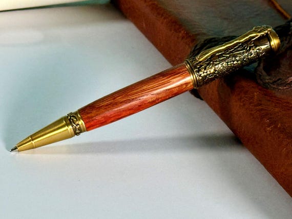 Handmade Tiger Oak Botanical Pen: Antique Brass Wildflower Vine Ballpoint