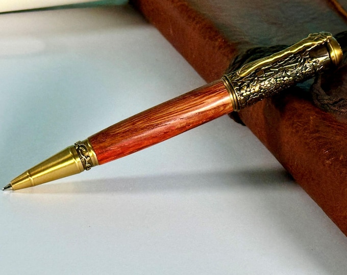 Handmade Tiger Oak Botanical Pen: Antique Brass Wildflower Vine Ballpoint