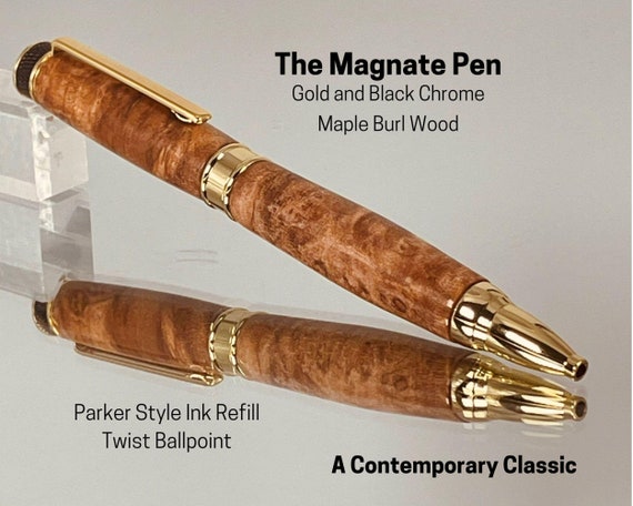 The Magnate Pen, Gold and Black Chrome with Maple Burl Wood Body, Handcrafted by ASH Woodshops