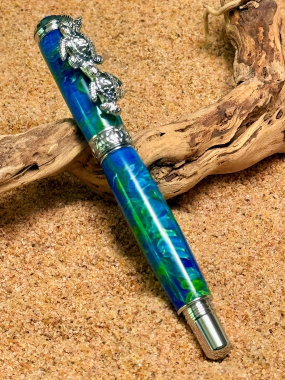Luxury Sea Turtle Pen Handmade Ocean Theme Chrome Rollerball Pen with Ocean Mist Acrylic is a Sea Turtle Paradise Lovers Gift
