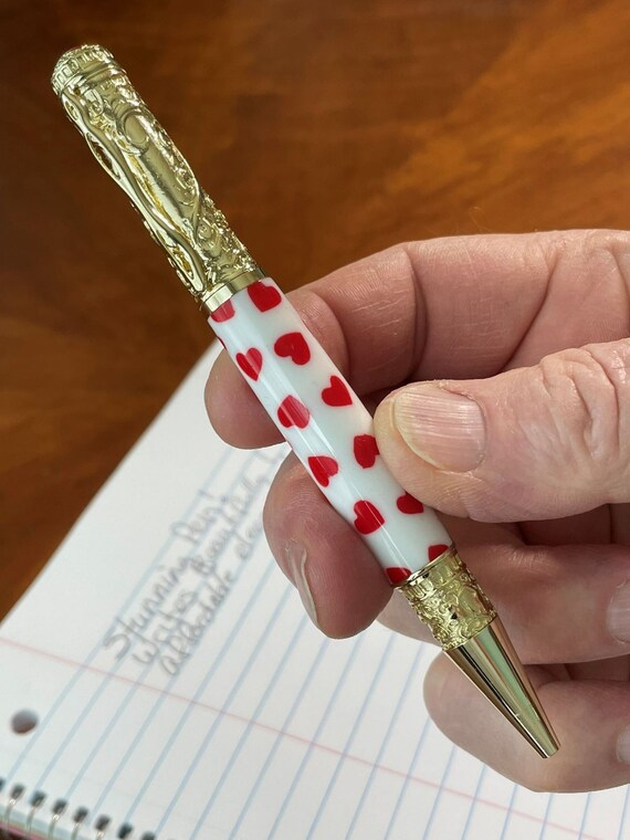 The Love Pen Handmade Twist Ballpoint Pen Golden Color Metal with Red Hearts Acrylic body ASH Woodshops Perfect Gift that says I Love You!