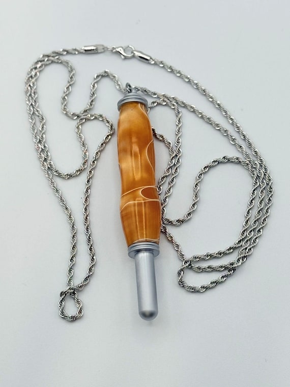 Ergonomic Seam Ripper Necklace with 36" Chain, Gold with White Thread Acrylic and Satin Chrome metal, Handcrafted by ASH Woodshops