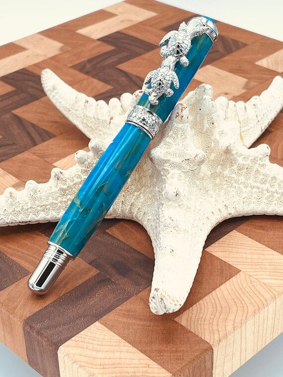 Luxury Sea Turtle Pen Handmade Ocean Theme Chrome Rollerball Pen with Ocean Mist Acrylic is a Sea Turtle Paradise Lovers Gift