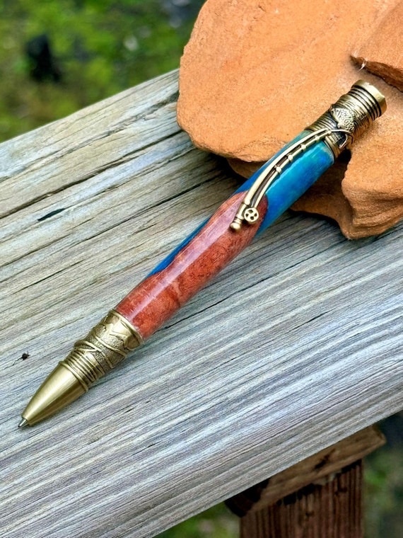Fly Fisherman Wood Pen Hybrid Body Fishing Rod Clip & Antique Pewter fish designs Gift Ready for Outdoorsmen and fishermen writers