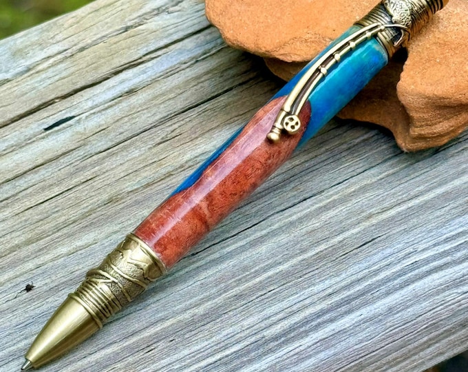 Handmade Fly Fishing Wood Pen: Burl Resin, Antique Brass