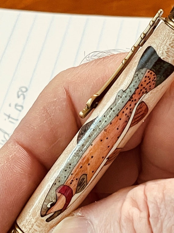 Fly Fisherman's Handmade Twist Ballpoint Pen, Antique Brass Wood Inlaid Cutthroat Trout by ASH Woodshops Perfect Catch Fishing Gift Fish-On