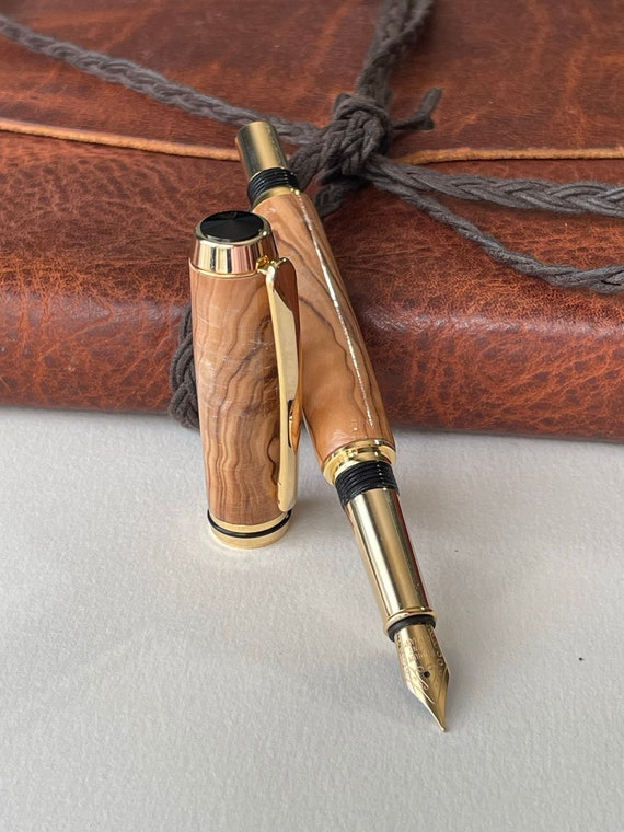Handwriting Gift! Handmade Fountain Pen, Journaling Pen, Gold Titanium Trim, Holyland Olive Wood Body, Handcrafted By ASH Woodshops, Collect