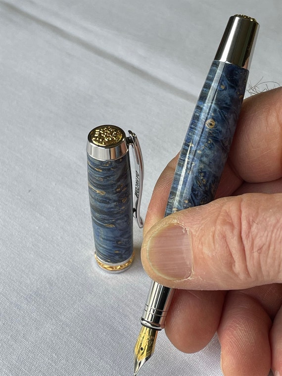 Beautiful Writers Gift! Handmade Fountain Pen, Platinum / 22k Gold, Stabilized Blue died Buckeye Burl Wood, Handcrafted By ASH Woodshops