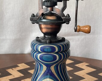 Caribbean Waves Wood Pepper Mill, Handmade Vintage Style, Steampunk, Spectraply Wood Handcrafted by ASH Woodshops.  Makes an awesome gift