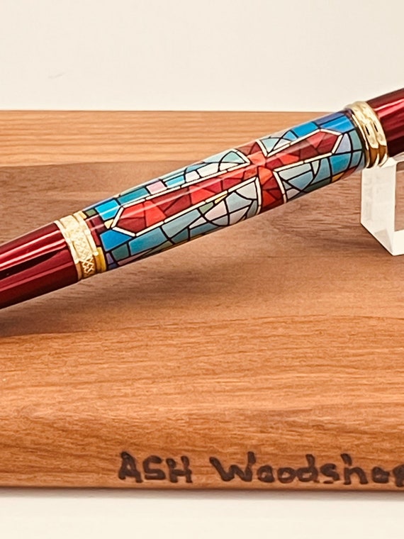 Stained Glass Window Pen - Red Christian Cross with Chrome and Titanium Gold Trim - Handmade By ASHWoodshops