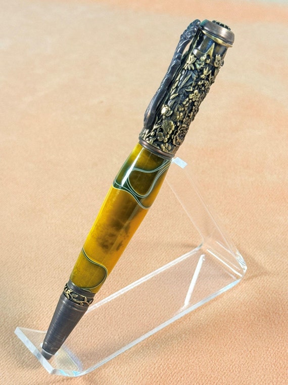 Summer Garden Pen, Oil Rubbed Bronze and Acrylic Yellowjacket, Stunning Heirloom Quality By ASHWoodshops, Writers Gift! Botanical Wonders