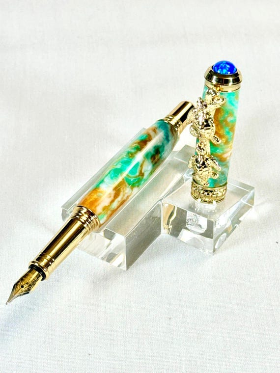 Handmade Sea Turtle Fountain Pen: 24k Gold Accents, Beachcomber Acrylic