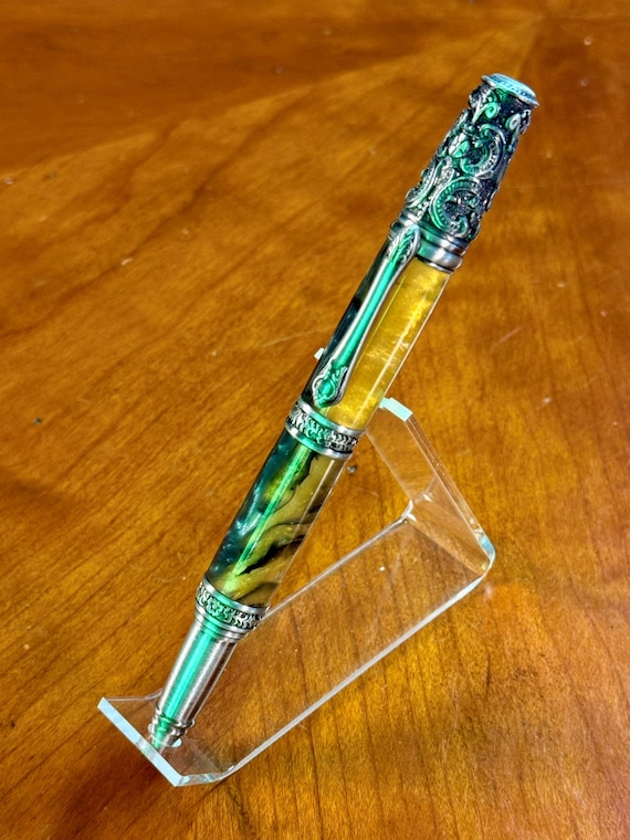 Victorian Inspired Handmade Ballpoint Pen – Gold Rush Acrylic with Antique Pewter – Luxury Gift for Writers or Collectors